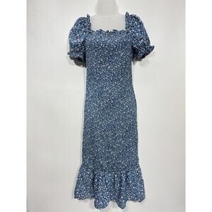 PRETTYGARDEN Smocked Bodycon Midi Dress Sz S Blue Dainty Floral Cottage